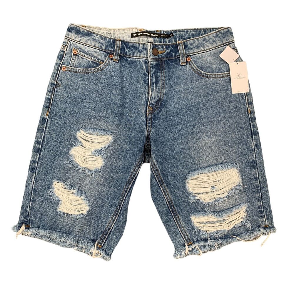 Volcom Super Stoned Denim Shorts Womens 28 Blue Slim Straight Bermuda Distressed